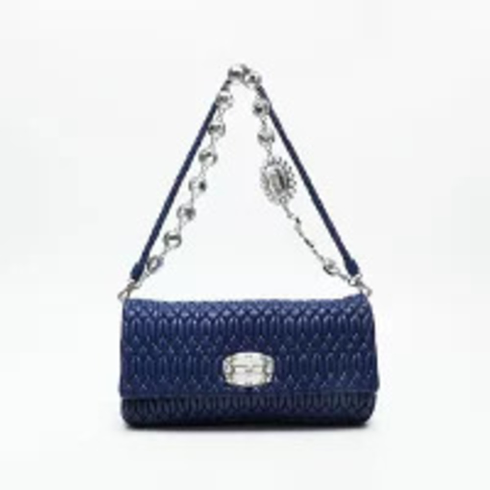 Miu Miu Bag Leather Shoulder Blue Crystal Matelasse